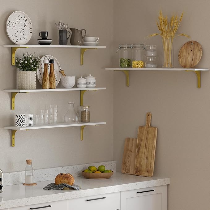 DINZI LVJ Long Wall Shelves, 39.4" Wall Mounted Shelves Set of 4, Large Floating Shelves for Wall with Metal Brackets, for Living Room, Bathroom, Bedroom, Kitchen, White and Gold
