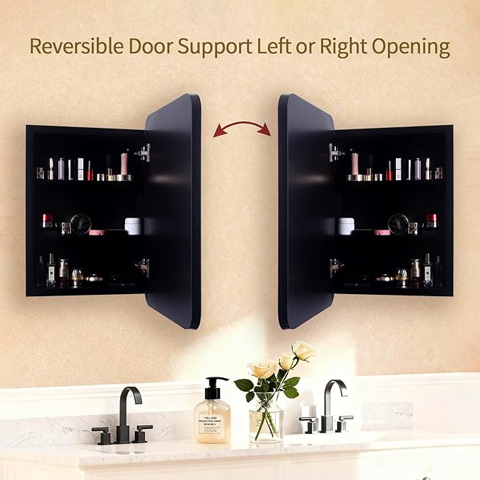 Bathroom Medicine Cabinet with Black Metal Framed Mirror, Recessed or Wall Mount Bathroom Vanity with Storage Shelves 17.5x26 inch