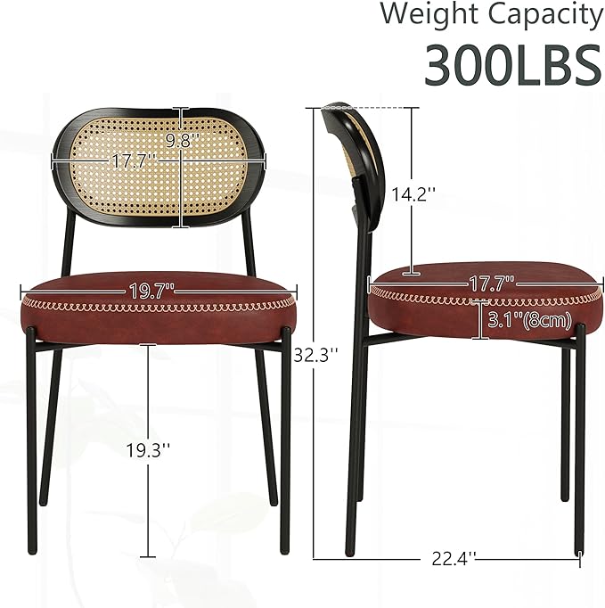 Rattan Dining Chairs Set of 6, Wine Leather Upholstered Dining Chairs with Rattan Cane Back, Mid Century Modern Dining Room Chairs with Black Metal Legs & D-Shaped Thicken Cushion, Wine