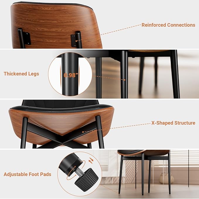 Dining Chairs Set of 8, Dining Room and Kitchen Chairs, FSC Certified Mid Century Modern Accent Chair, Upholstered PU Leather Chairs for Vanity with Walnut Bentwood and Metal Legs, Black