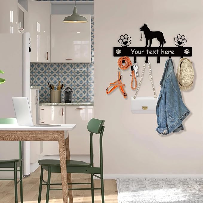 Custom Metal Key Rack Wall Mount with Name, Key Hooks and Dog Leash Holder for Entryway Doorway