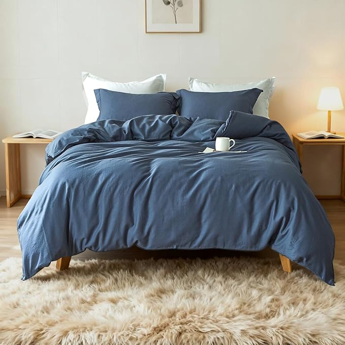 Simple&Opulence French Linen Duvet Cover Set 104"x 92"- 3 Pieces (1 Comforter Cover,2 Pillowcases)-Natural Flax Cotton Blend-Solid Color Breathable Farmhouse Bedding-Navy Blue, King