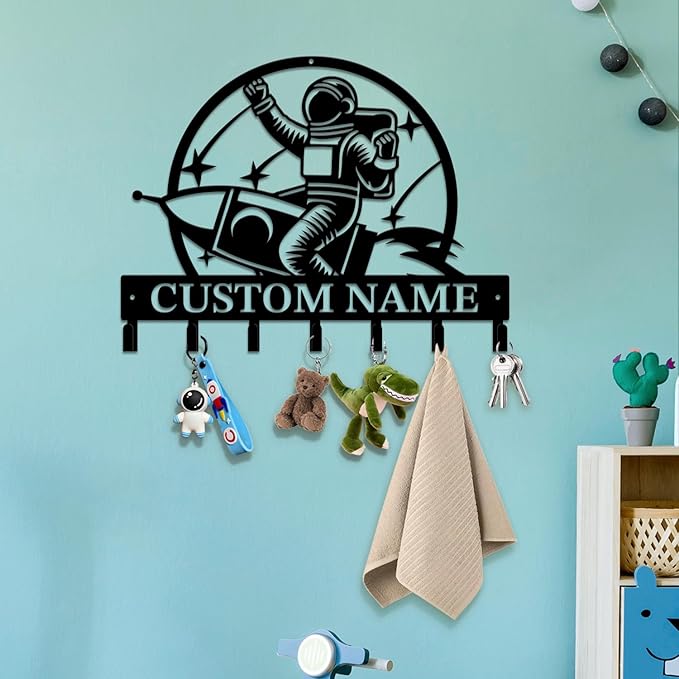 Personalized Custom Astronaut UFO Metal Wall Keys Hooks,Clothes Hooks Astronaut Art coat racks,door holder,Black Astronaut decorations for home,Entrance doors,Hallway, Bedroom,Keys,Hats (Style D)