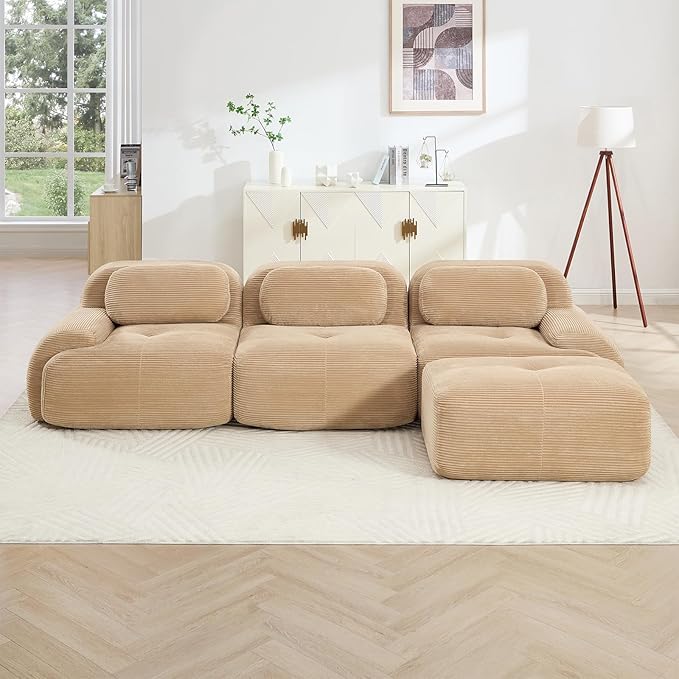 116" Modern Corduroy Cloud Sofa with Ottoman, L Shaped Boneless Modular Large Sectional Couches for Living Room, Camel 3 Seater Compressed Memory Foam Couch, Extra Deep Seat, No Assembly