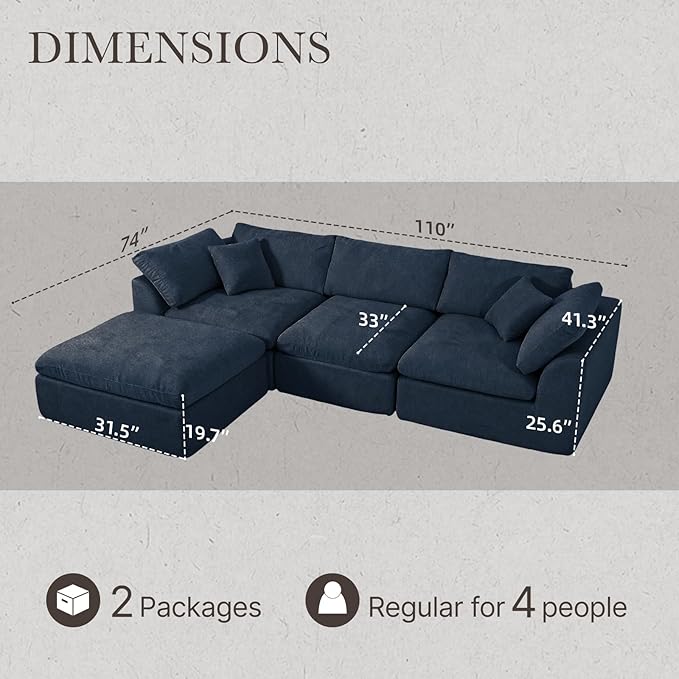 Cloud Modular Sectional Sofa Couch,110” L Sofa with Wide Armrest, Modern High-Density Sponge Compressed Sofa Couch for Living Room, Bedroom,No Assembly Needed (Blue, 3 Seats+1 Ottoman)