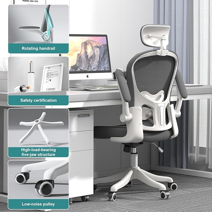 Ergonomic Office Chair with Adjustable Lumbar Support and Headrest, High Back Mesh Desk Chair for Home Office,Flip-Up Arms 90-120° Tilt Lock Rolling Swivel Task Chairs (White-Grey6065)