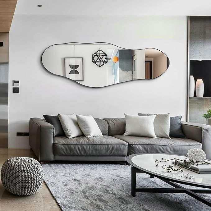 Irregular Mirror Full Length, 63"x22.5" Large Asymmetrical Wall Mirror, Black Metal Frame Abstract Decorative Mirrors for Living Room Bathroom Bedroom Hallway Entryway Fireplace