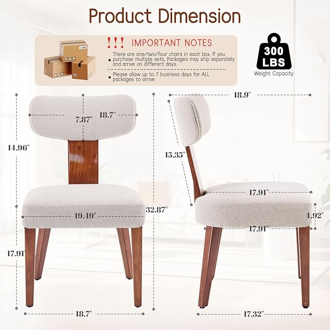 Dining Chairs Set of 3, Mid-Century Modern Upholstered Kitchen Chairs with Curved Backrest and Linen Fabric Seat, Wood Leg Accent Chairs for Dining Room, Living Room, Bedroom, Linen Beige