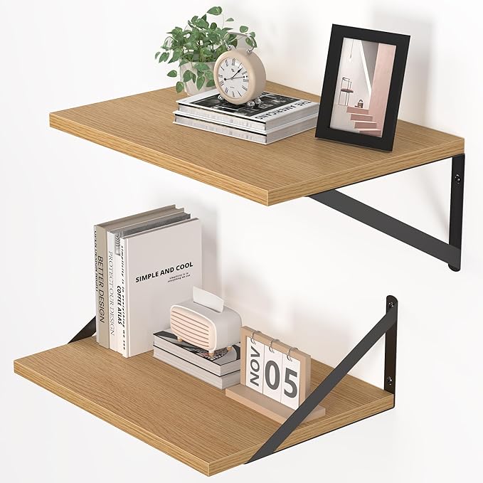 Heimlove 12 Inch Deep Floating Shelves for Wall, 16W x 12D Wood Wall Shelves Set of 2, Rustic Oak Wide Floating Bookshelf for Living Room, Kitchen, Office, Bedroom, with Black Metal Bracke - Oak