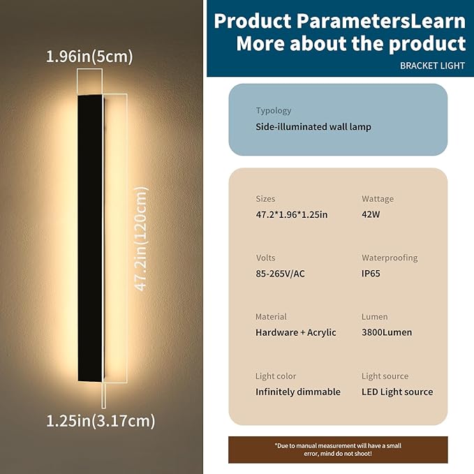 2 Pack Long Outdoor Wall Sconce, 47.2inch Modern Exterior Light Fixture, IP65 Waterproof, 3000K-6000K Dimmable, Strip Wall Mount Lighting for Patio, Garden, Garage with Remote Control