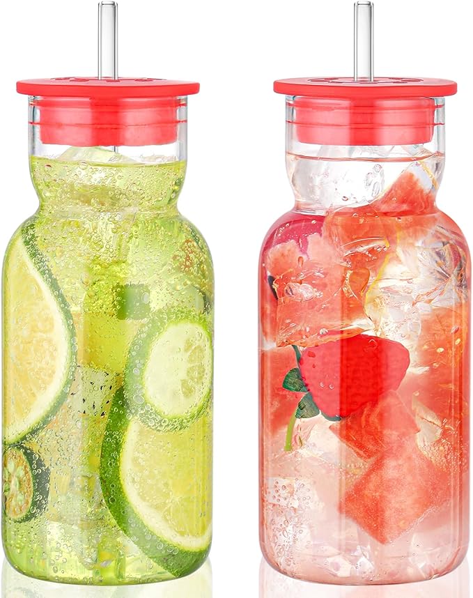 17 oz Glass Cups with Lid and Straw, Glass Tumbler with Straw and Lid, Vintage Glassware for Whiskey Cocktail Beer Juice, Iced Coffee Cups with Lid (2 PACK)