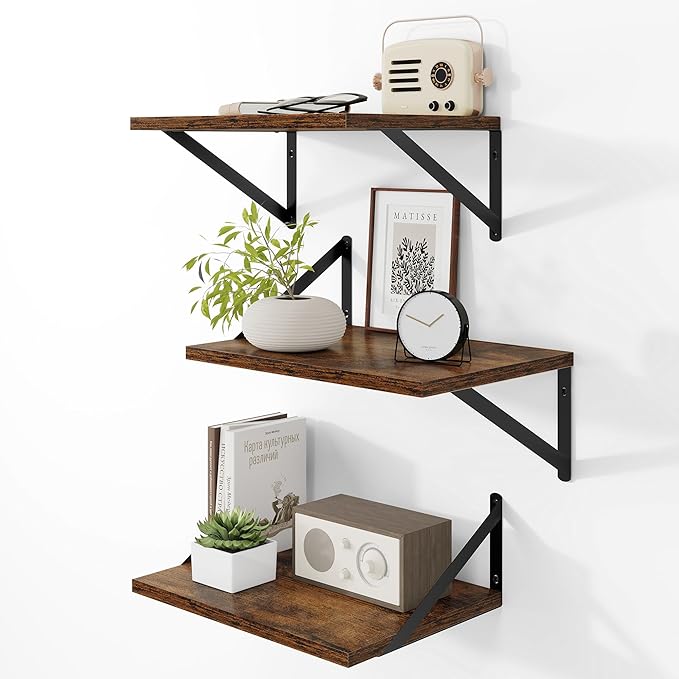 Deep Floating Shelves for Wall, 12 Inch Deep Floating Shelves Set of 3, 16W x 12D Wood Wall Shelves, Wide Wood Shelves with Metal Bracket for Living Room, Kitchen, Office, Bedroom - Rustic Brown