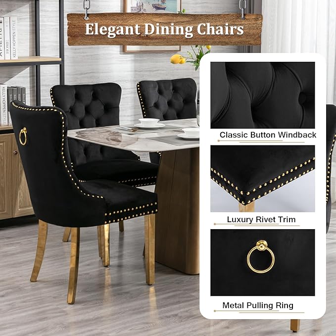 Goujxcy 70" Glass Dining Table Set for 6, Modern Gold Dining Table Set with 6 Black Velvet Upholstered Dining Chairs, 7 Piece Kitchen Dining Room Table Set with Stainless Steel Legs