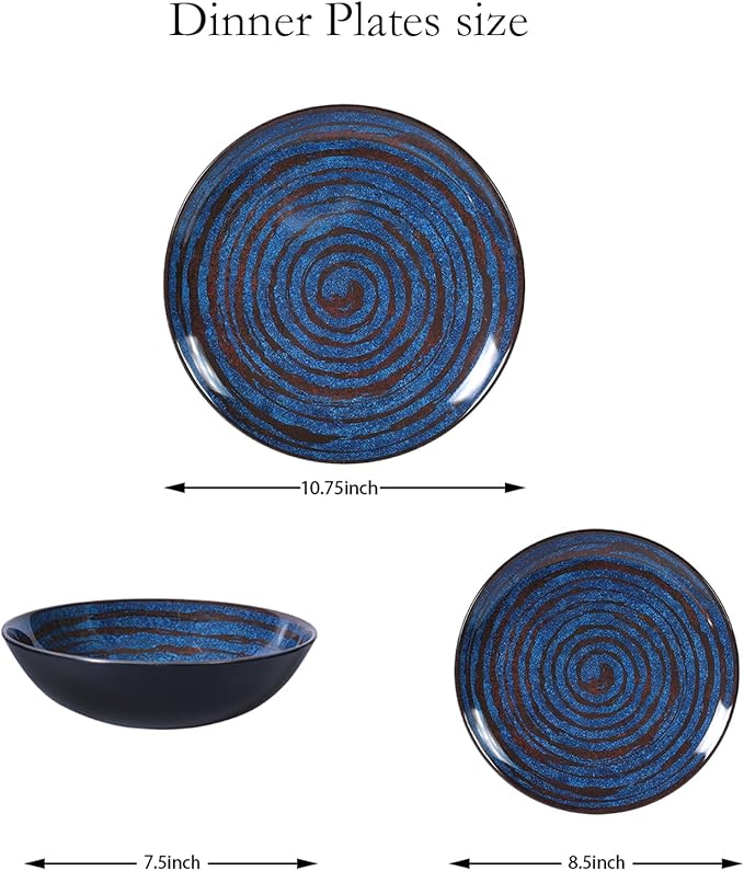 Melamine Dinnerware Set, 12-Piece Plates and Bowls Set, Blue Threaded Plastic Dishes Set, Service for 4, BPA-Free, Dishwasher Safe