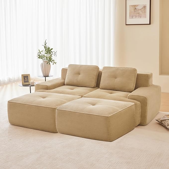 80" Modern Corduroy Boneless Love Seat Couches with 2 Ottomans, 2 Seater Large Sectional Couches for Living Room, Camel Cloud Modular Sectional Sofa, Memory Foam, Extra Deep Loveseat, No Assembly