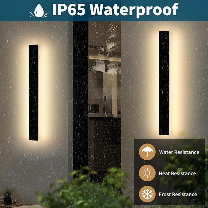 2 Pack 39.3inch Modern Outdoor Wall Sconce, 3 CCT 3000K/4500K/6000K, IP65 Waterproof Long Strip Exterior Light, 36W, Black Outside Garden Lighting for Porch, Patio, Fence, Yard