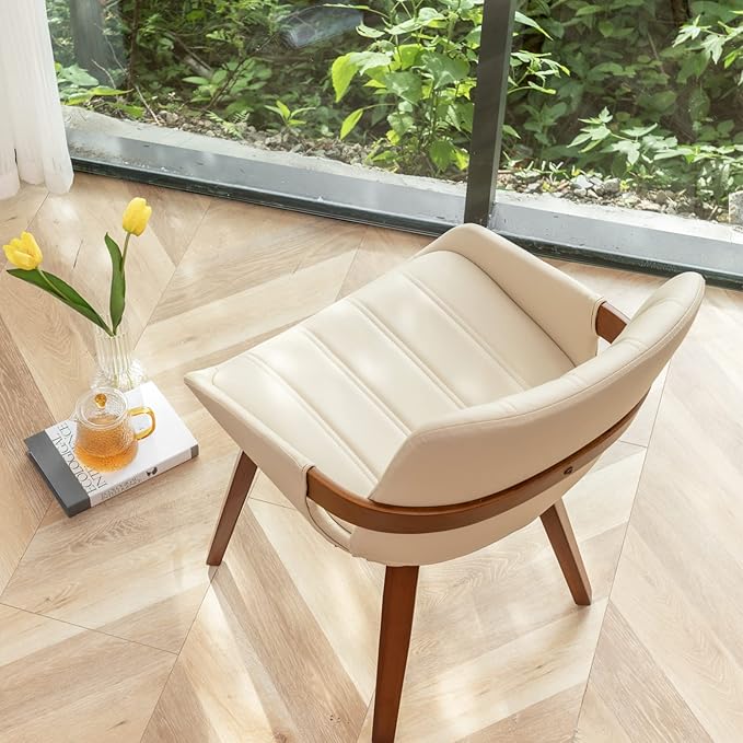 Mid Century Modern Faux Leather Upholstered Dining Chairs,Armless Accent Chairs with Sturdy Natural Wood Legs,Bamboo Backrest Support for Kitchen&Dining Room Chairs(Set of 4,Beige)