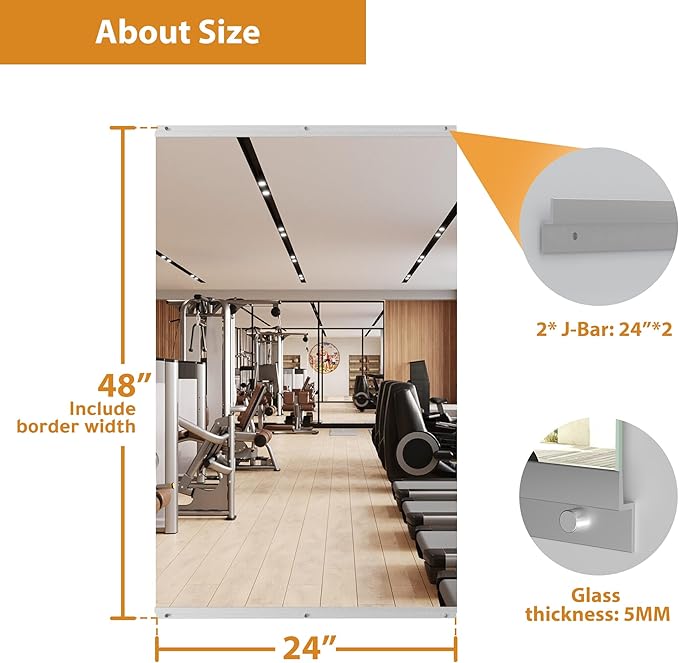 ROOMTEC Home Gym Mirror 48"x24" Frameless Wall Mounted Fitness Mirror, Large Tempered Glass Full Length for Yoga, Dance Studio, Workout Room