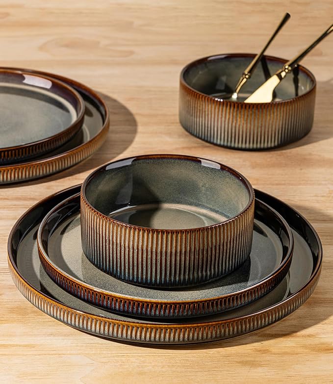 TheTerra Ceramic Dinnerware Sets with Pasta Bowls for 4, 16 Pieces Porcelain Lightweight Plates and Bowls Sets, Scratch Resistant Dish Set, Oven & Microwave & Dishwasher Safe, Coca Mocha