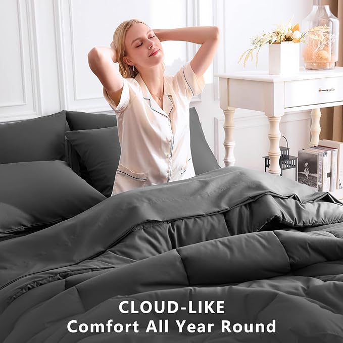 CozyLux Oversized Queen Comforter Sets Dark Grey, 7 Pieces Bed in a Bag, Ultra-Soft All Season Bedding Sets with Stitch Quilted Comforter, Flat Sheet, Fitted Sheet, Pillowcases, Dark Gray