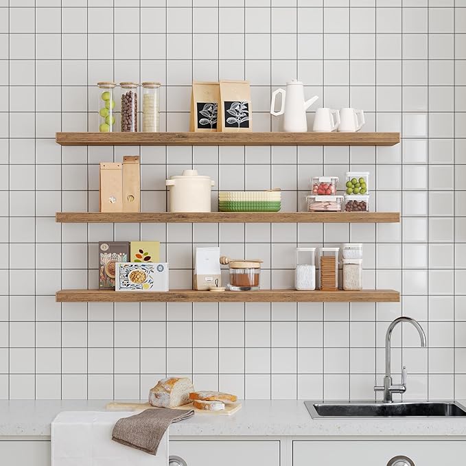 Floating Shelves for Wall, 1.5" Thick Wall Shelf Set of 3 with Invisible Bracket, L47.2 x W7.9 Hanging Shelves Farmhouse Home Decor for Bathroom, Living Room, Bedroom, Rustic Brown 12301BJP3BF