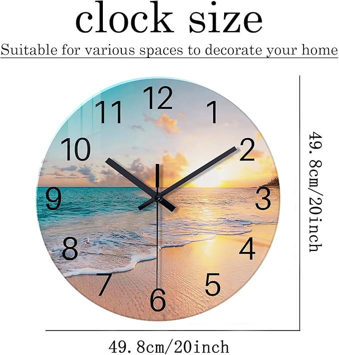 Blue Wall Clock Silent Glass Beach Wall Clock for Living Room Large Wall Clocks Battery Operated 20 Inch