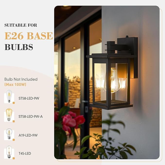 Emliviar 2 Pack Dusk to Dawn Outside Wall Mount Lighting, 11.8 inch Exterior Light Fixture with Clear Glass, Black Finish, 1803EW1-PC-2PK BK