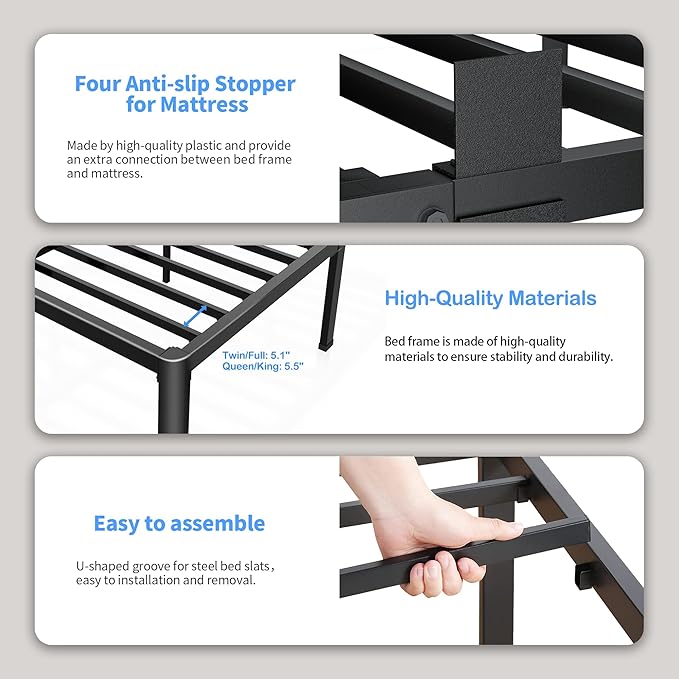 ROIL 10 Inch Queen Bed Frame with Rounded Corner Low Profile Metal Platform 3500LBS Heavy Duty Steel Slats No Box Spring Needed Noise-Free Easy Assembly