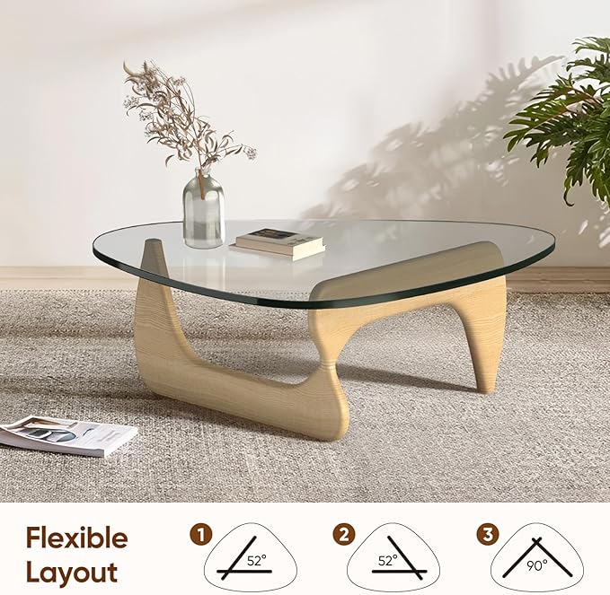 Triangle Glass Coffee Table with Solid Wood Base, 0.8'' Thick Clear Glass Top, 51'' Width Mid Century Modern Coffee Table for Living Room Bedroom Reception (Original Wood)