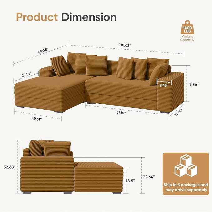 111'' Modern Sectional Cloud Sofa with Chaise, Extra Large Sleeper Couches Corduroy with 8pcs Pillows for Living Room, Bedroom