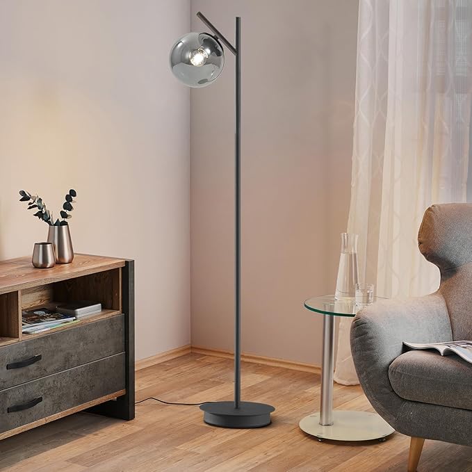 Mid Century Floor Lamp for Living Room Moderm Tall Standing Lamp with Frosted Glass Globe Shades Contemporary Brass Freestanding Lamp for Office Bedroom (Black-Smoky Gray)