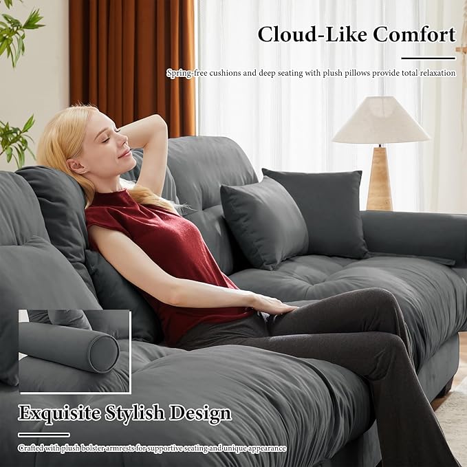130" Grey Modular Sectional Sofa, 3 Seater Large Sectional Couches for Living Room, Velvet Fabric Oversized Fluffy Cloud Couch with Ottoman, Deep Seat Home Sofas Set, Sofá Moderno, U Shaped