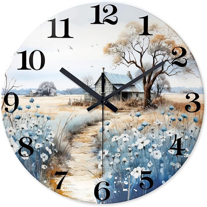 XNM Round Clock Battery Operated 16 Inch Wood Analog Large Wall Clocks for Living Room Blue Flower Wall Clock Silent(No Solid Wood, It is with MDF Material)