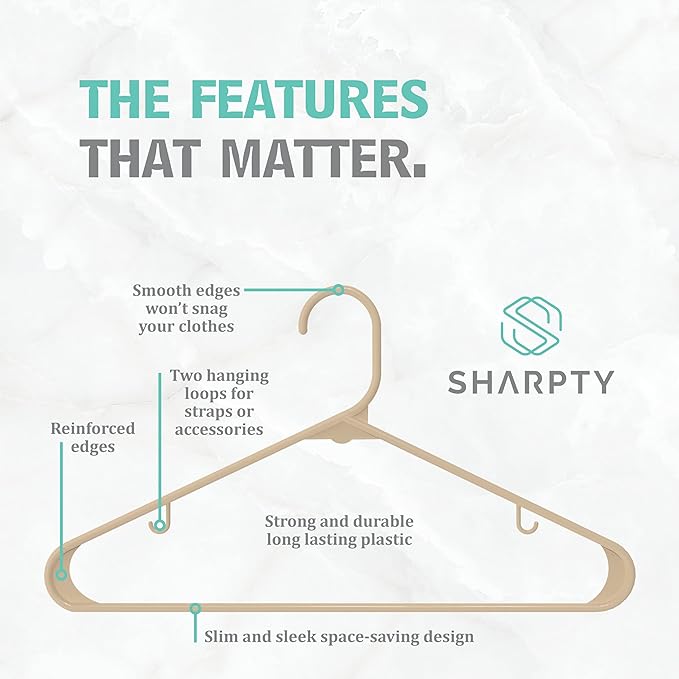 Sharpty Plastic Hangers Clothes Hangers for Clothing, Closet, Coats & Shirts - Durable, Thick, Tough & Space Saving - for Everyday Standard Use, Room Essentials & Basics - 20 Pack - Beige