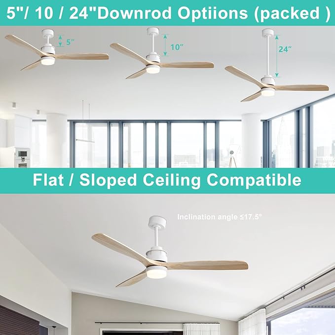 Sofucor 60 inch Ceiling Fan with Lights, Mordern Large LED Ceiling Fan with Remote, 3 Light Wood Blades and 3 White Downrods, for Indoor Living Room Bedroom Outdoor Patio Porch, Reversible DC Motor