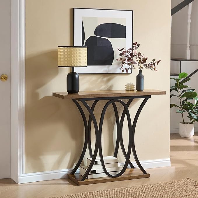 BedsPick Entryway Console Table, 40 Inch Narrow Wood Hallway Table Foyer Table Behind Couch, Sofa Table with Metal Legs and 1.18 Thick Board (Brown)