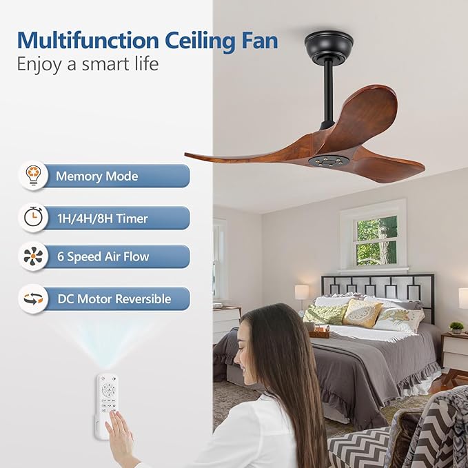 36 Inch Solid Wood Ceiling Fan with Remote,Ceiling Fan no Light,6 Speeds,Noiseless,Reversible DC Motor,Modern Ceiling Fans without Lights for Living Room Bedroom Farmhouse,Patios