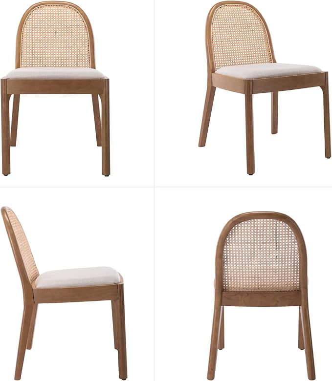 HEAH-YO Rattan Dining Chairs Set of 6, Upholstered Linen Dining Room Chairs with Backrests, Modern Kitchen Chairs with Wood Legs for Dining Room, Beige