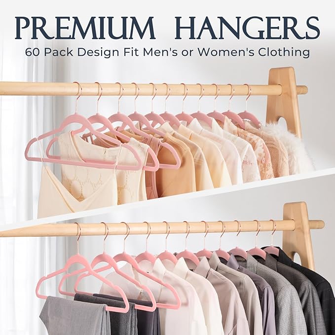 HOUSE DAY Lt Pink Velvet Hangers 240 Pack, Premium Non-Slip Clothes Felt Hangers, Sturdy Black Heavy Duty Coat Hanger, Durable Space Saving Suit Hanger, No Marks 360° Rose Gold Rotating Hook
