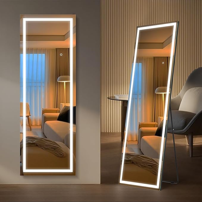Kosmonia 56"x18" Full Length LED Mirror with Lights, Dimmable Standing/Wall Mirror for Bedroom, Full Body Lighted Floor Mirror, Tempered Glass