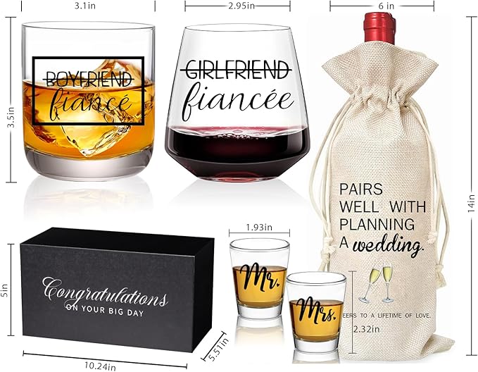 Fiancé Christmas Engagement Gifts for Couples - Stemless Engagement Wine & Whiskey Glasses for Newly Engaged Couples, Mr and Mrs, Wedding Planning Wine Bag