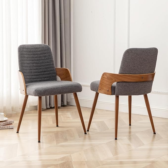Dining Room Chairs Set of 2,Mid Century Modern Kitchen Chairs,Upholstered Accent Chairs,Metal Legs Wooden Desk Chairs,Armless and No Wheels for Kitchen Dining Living Room,Gray Fabric