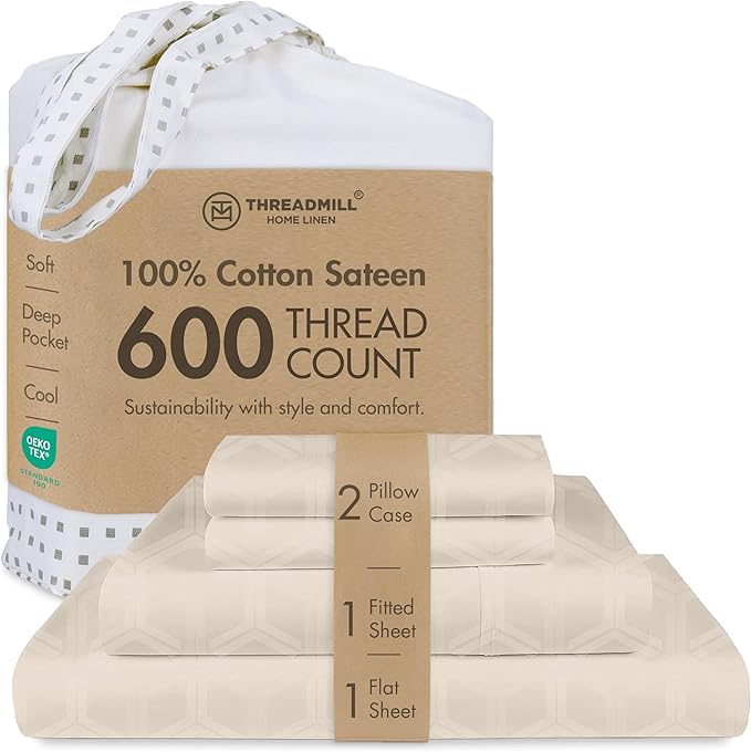 Threadmill 100% Cotton Sheets for Full Size Bed - 600 Thread Count Full Bed Sheets Set with 16” Deep Pocket - Jacquard Sateen Weave 4-Piece Bedding Set with Cooling Effect, Beige