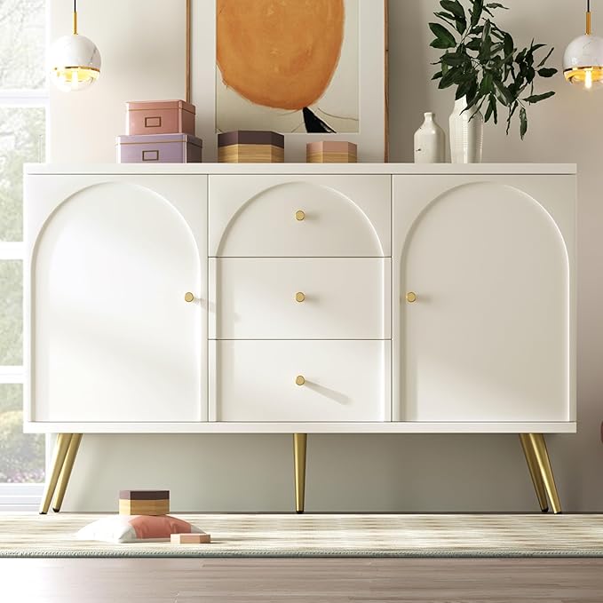 KEIKI 55'' Modern 2-Doors Buffet Sideboard Storage Cabinet with 3 Drawers & Metal Legs, Wood Entryway Console Table for Living Room, Hallway, Dining Room, White