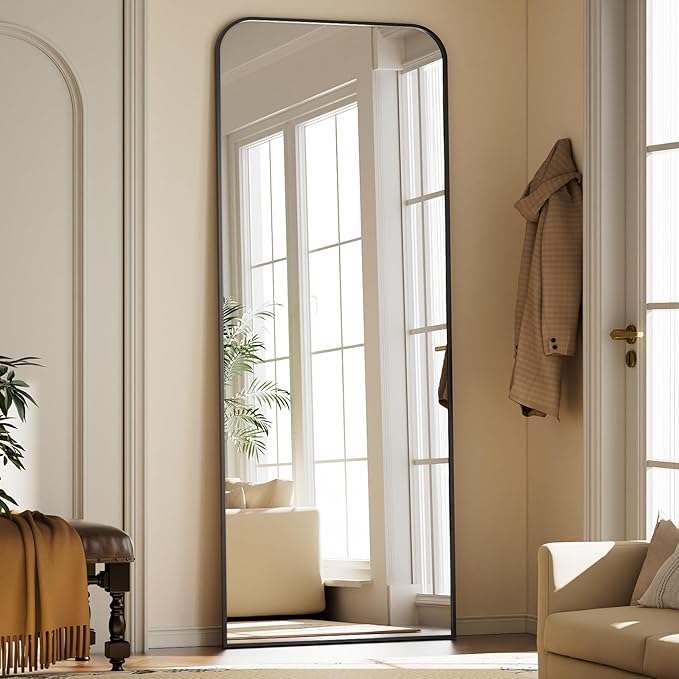 Full Length Mirror 56"x21" Arched Floor Standing Large Mirrors Full Body Mirror with Stand - with Aluminum Frame for Bedroom Living Room, Black
