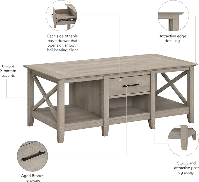 Bush Furniture Coffee Table with Storage with Aged Bronze Hardware | Key West Collection Center Counter for Living Room | 47Wx24Dx18H