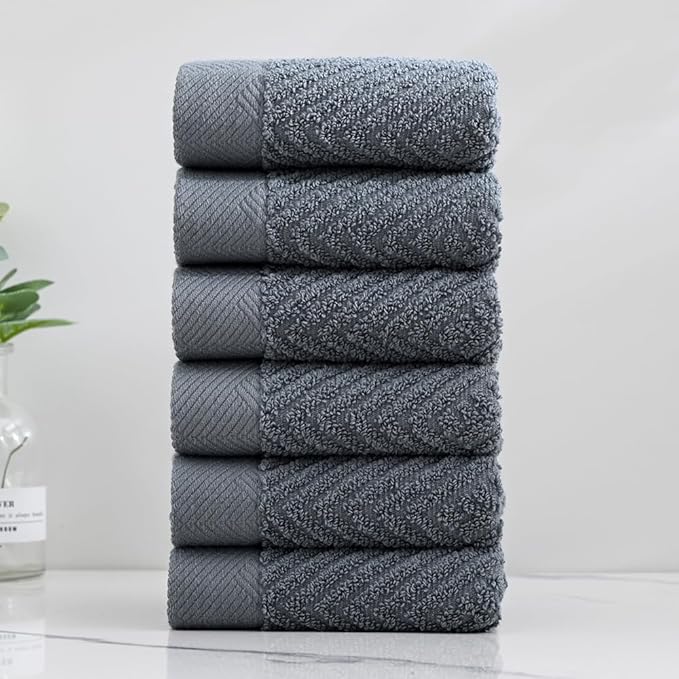 sense gnosis Grey Herringbone Washcloth Set of 6 Premium 100% Cotton Striped Weave Ultra Soft Highly Absorbent Washclothes for Kitchen Home Bathroom 13 X 13 Inch