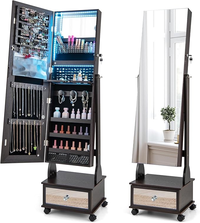 GOFLAME Standing Jewelry Cabinet Armoire with Wheels, Lockable Jewelry Storage Organizer with Full Length Mirror, 3-Color LED Lights, Interior Makeup Mirror, Jewelry Armoire for Bedroom (Brown)