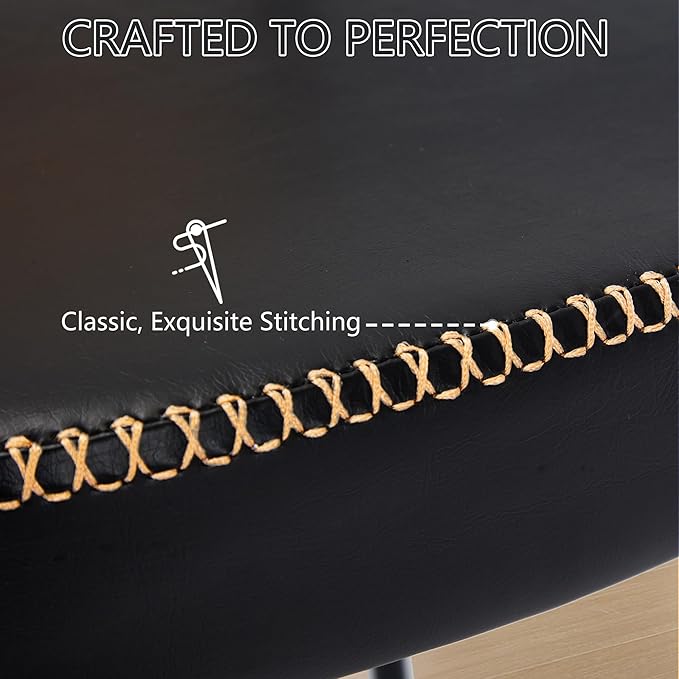 Rattan Dining Chairs Set of 4, Leather Upholstered Dining Chairs with Rattan Cane Back, Mid Century Modern Dining Room Chairs with Black Metal Legs & D-Shaped Thicken Cushion, Black