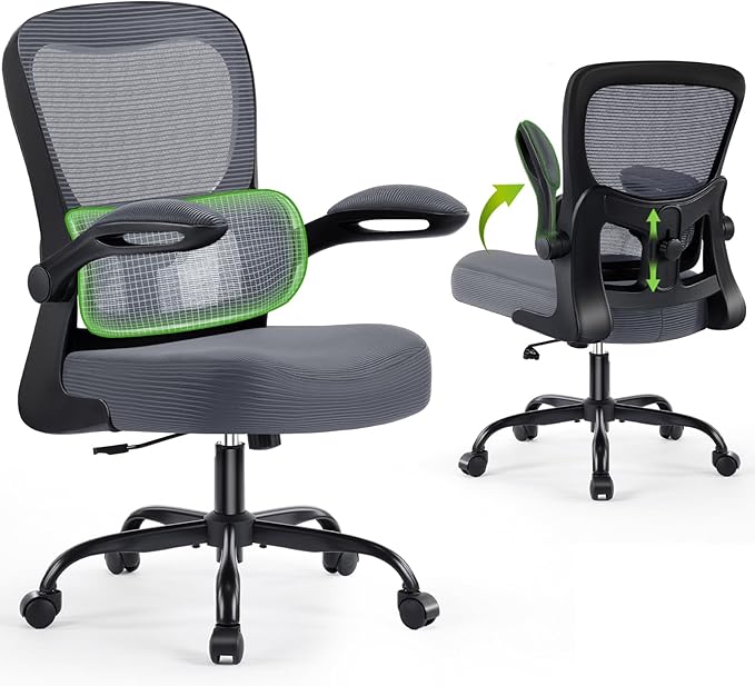 Ergonomic Office Chair, Comfy Desk Chair with Adjustable Lumbar Support, Mesh Computer Chair with Wheels, Flip-up Armrests, Swivel Rolling Executive Chair for Home Office, Gaming, Dark Gray